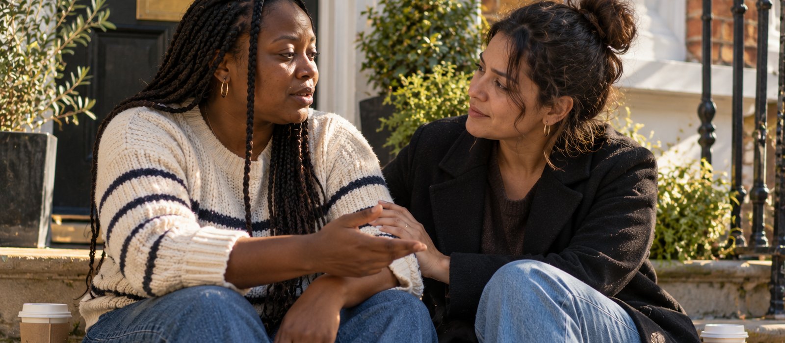 Woman talking to a friend who listens with a hand on her arm on the front steps