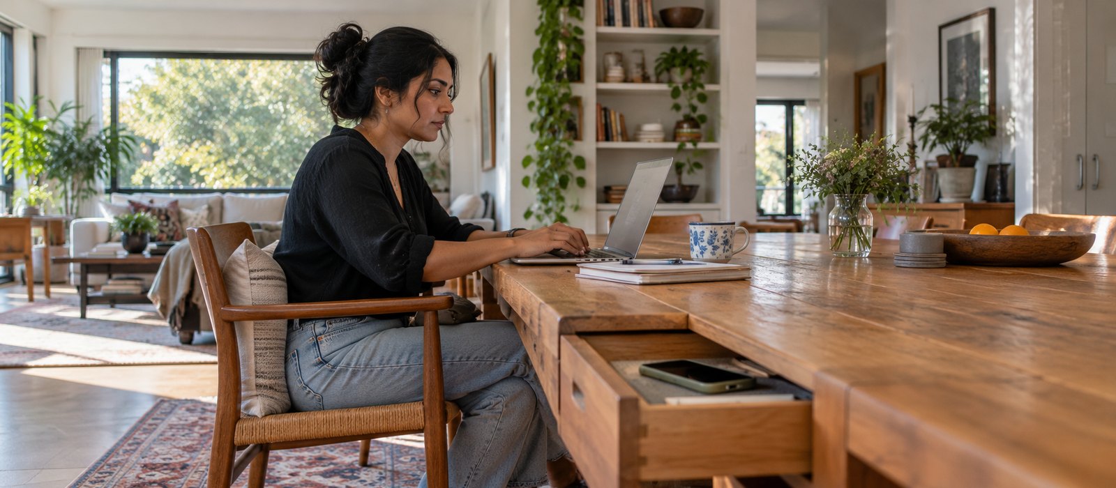 Woman working at a laptop with her phone put away in a drawer