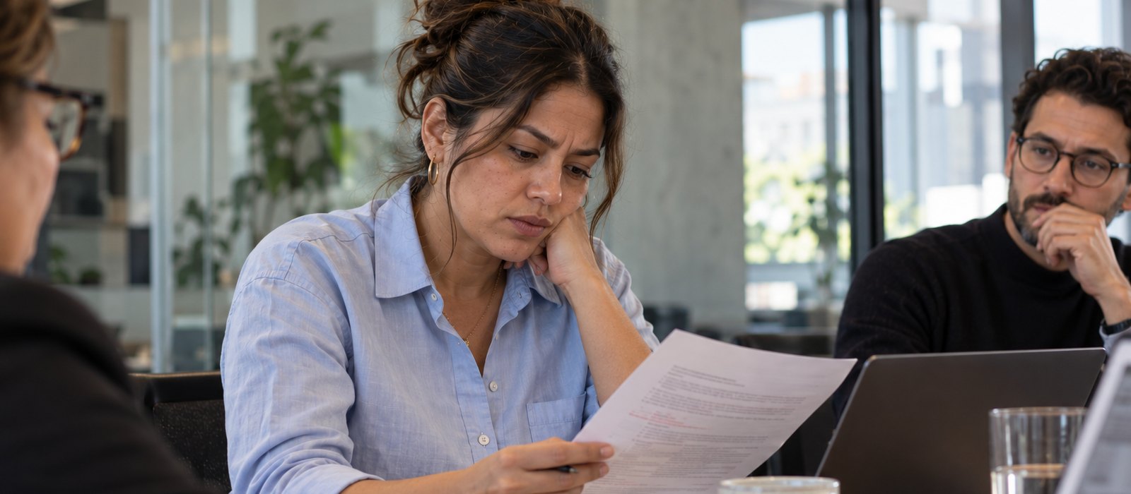 Woman in a meeting reading comments on a printed page