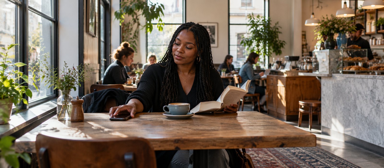 Woman in a café putting her phone face-down to read a book