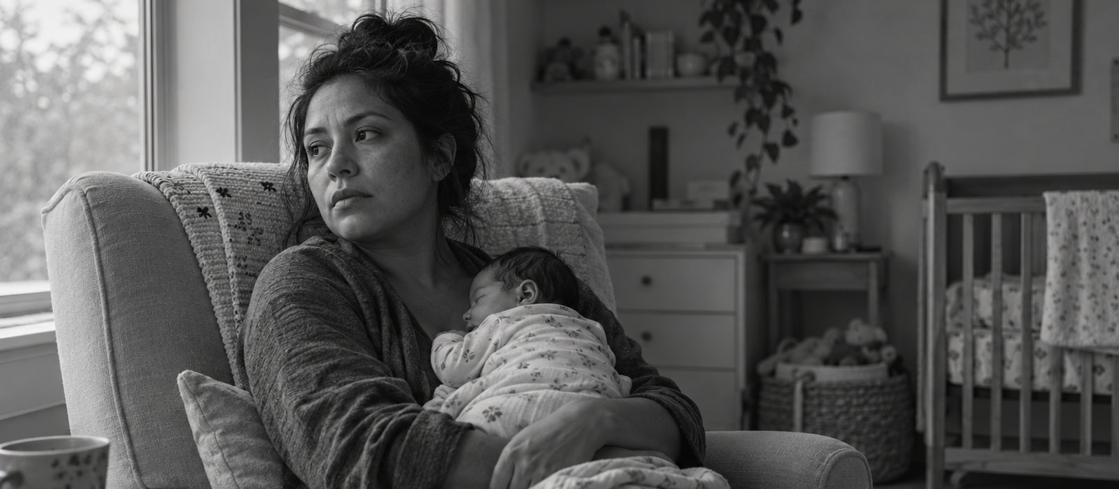 New mother in a nursing chair holding her sleeping baby, looking out the window