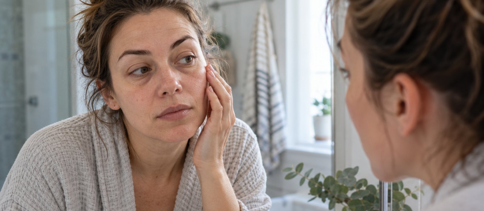 Woman looking closely at her face in a bathroom mirror in the morning