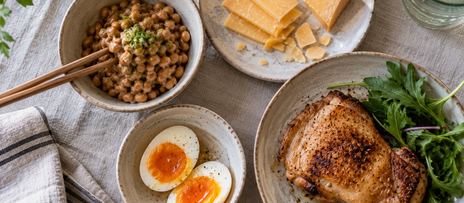 Natto, aged cheese, soft-boiled eggs and roast chicken on a linen tablecloth