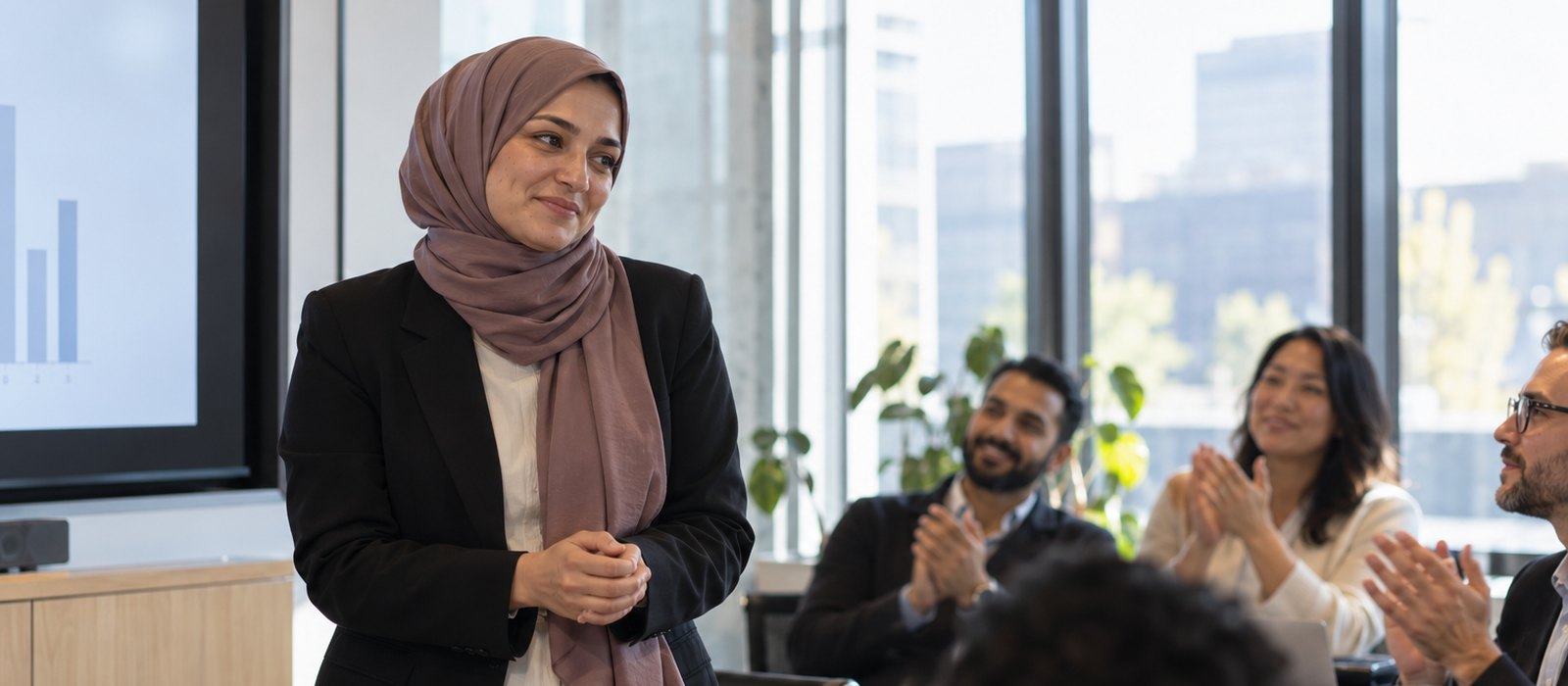 Woman in a hijab smiling uncertainly as colleagues applaud her presentation