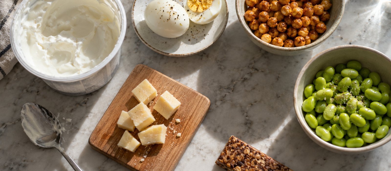 Greek yoghurt, boiled eggs, roasted chickpeas, cheese, edamame and a snack bar on a counter