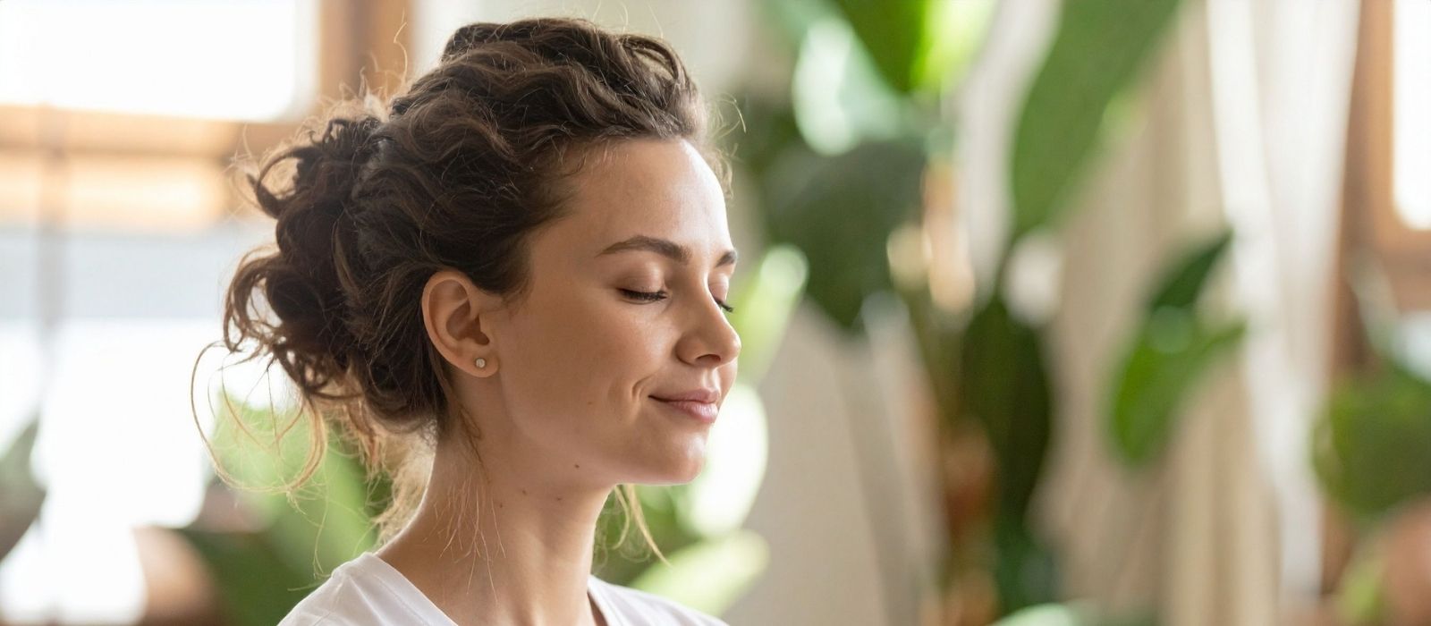Woman with her eyes closed beside green houseplants