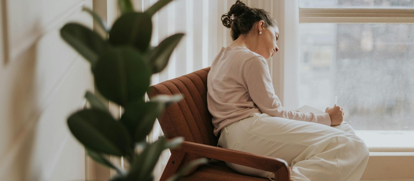 woman trying to relax tense calm interior