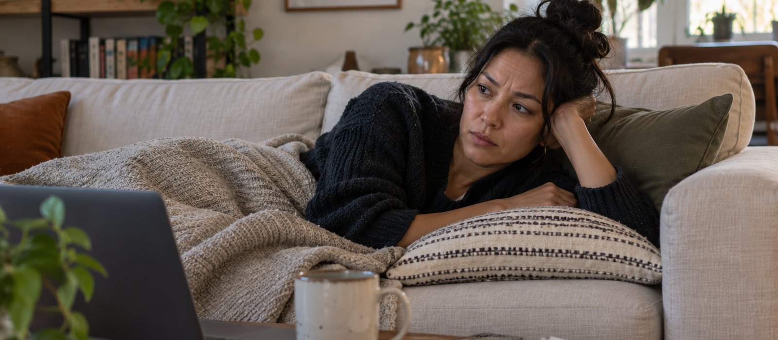 Woman resting on a sofa under a throw, looking uneasy